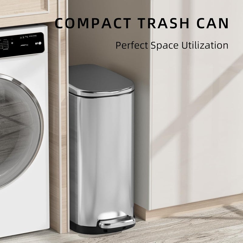 KUK Slim Bathroom Trash Can with Lid, 2.6 Gallon (10 L) Stainless Steel Step Small Garbage Can with Removable Inner Bucket, Soft Close, Anti-Fingerprint Finish (Silver) - Image 3